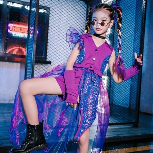 Sequins Jazz Dancewear Catwalk Show Costume Purple Girl Sets Festival Clothing Cheerleader Uniform Purple Dancer Outfit DL8224