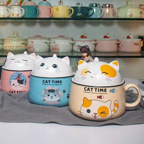 Japanese Style Ceramic Cute Cartoon Instant Noodle Bowl with Lid and Handle Creative Large Capacity Office Fruit Bowl Tableware