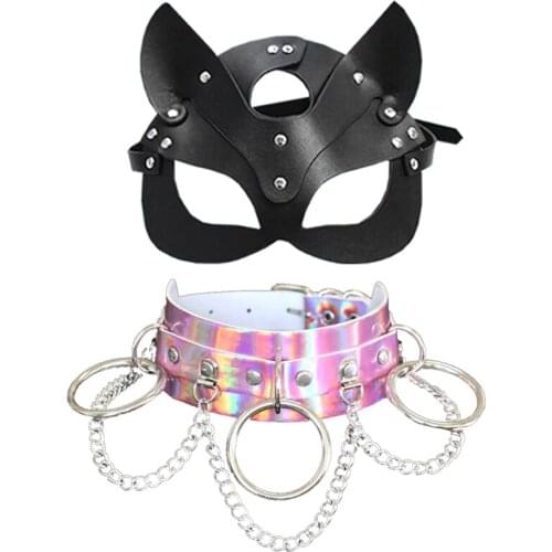 Mask and fashion exaggerated gothic reflective personality leather double big 3 ring chain collar O-ring necklace neck wear