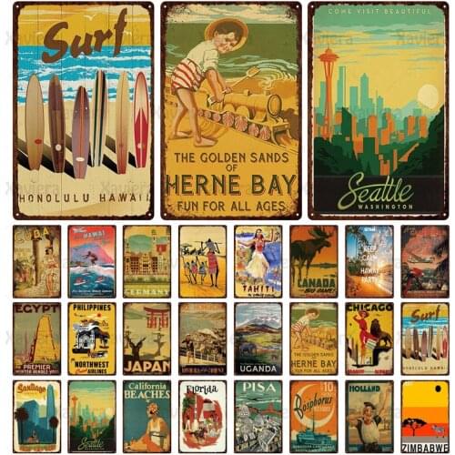 Metal Tin Sign South America Cities World Travel Egypt Cuba Tahiti Travel City Iron Plate Painting Decor Home Inn Bar Wall Art