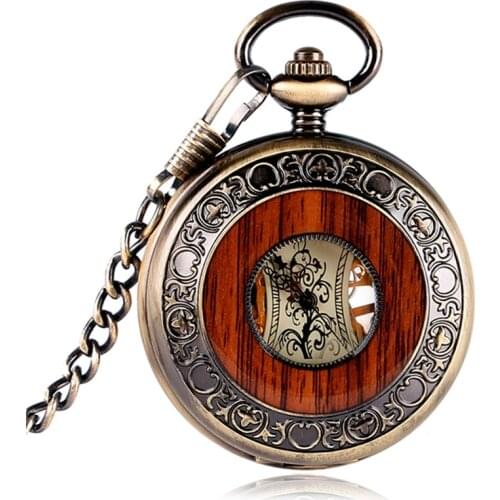 High Quality Special Design Copper Hand-winding Stylish Steampunk Mechanical Pocket Watch Men Carving Wood Circle Fashion Chain