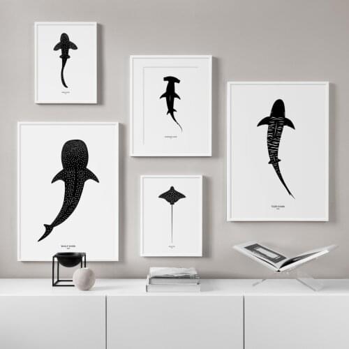 Black White Marine Life whale Shark Eagle Ray Wall Art Print paper Canvas Painting Nordic Poster Decor Pictures For Living Room