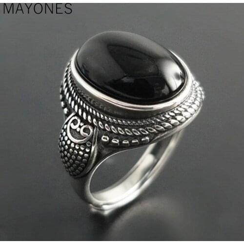 Real Pure 925 Sterling Silver Natural Black Onyx Stone Rings For Women Vintage Style Thai Silver Resizable Open Type