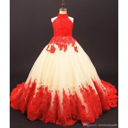 Red lace and Champagne Tulle Flower Girls Dresses High Neck Applique Corset Back Cheap Kids Little Girl First Communion Dress