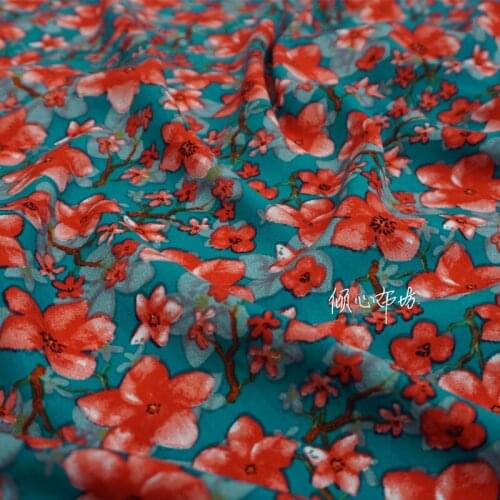 Twill cotton Twill cotton Peacock blue flower Satin silk fabric Satin de soie Satén шелк hanfu cloth DIY patchworkbag