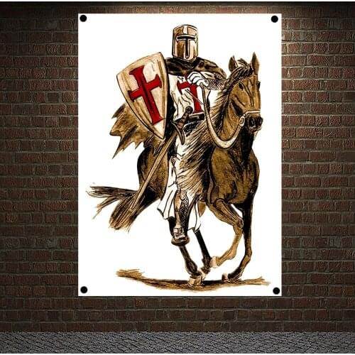 Medieval Warrior Military Banners Flags Vintage Knights Templar on Horse Posters Canvas Painting Wall Hanging Home Decoration