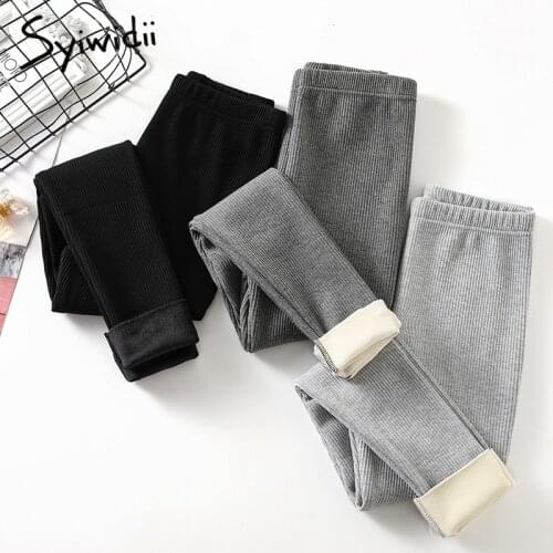 Syiwidii Velvet Thicken Leggings Women Autumn Winter Ribbed High Waist Pencil Pants Casual Solid Slim Warm Trousers 2020 Fashion