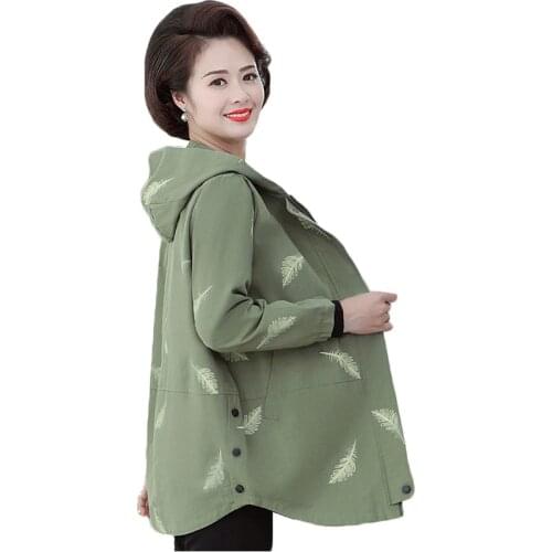 Middle-aged Women Windbreaker New Printed Hooded Outerwear Spring Autumn Jacket Loose Plus Size 5XL Female Mid Long Coat Tops