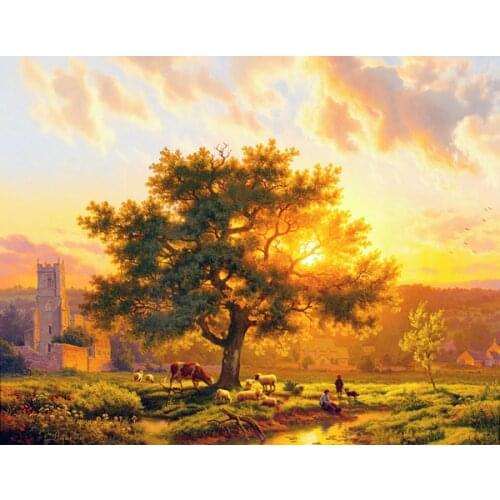 Needlework,embroidery,DIY Cross stitch,Countryside Setting sun The pastoral scener counted Cross-Stitching home decor crafts
