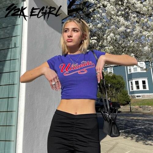 Y2K EGIRL Fashion 90s Streetwear Letter Print Short Sleeve Tops Y2K Vintage Aesthetics O-neck Blue Baby Tees Retro T-shirts 2021