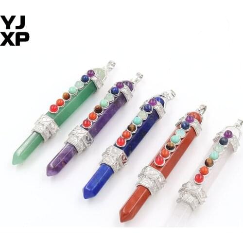 YJXP 7 Chakra Pencil Point Crystal Pendant Pendulums Hexagonal Column Natural Amethysts Quartzs Stone Reiki Healing Jewelry 1 Pc