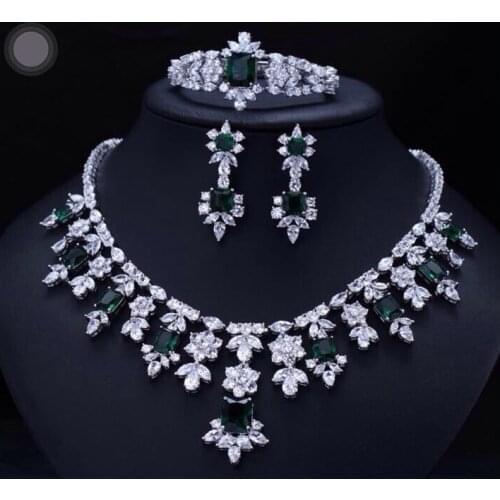 Green BRILLIANT CRYSTAL ZIRCON EARRINGS NECKLACE BRACELET Bridal JEWELRY SET WEDDING DRESS ACCESSARIES FULL SETS