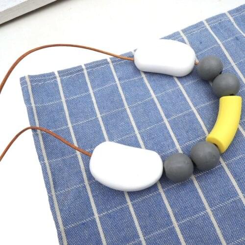 YELLOW GREY IRREGULAR SHAPE wood geometric necklace minimalist statement CURVE tube modern abstract leather cord NW074