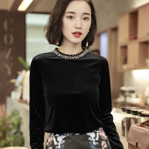 Spring Fall Fashion Woman Beading Rhinestone Mandarin Collar Black Long Sleeve Velvet Tee Shirt , Women Velour Casual Tees Tops