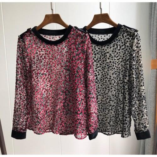 Women Shirt Flocking Round Neck 2019 New Sexy Semi-sheer Stitching Velvet Long-sleeved Shirt