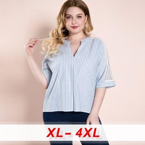 Womens Blouses Large Casual Loose Striped V Neck Low-cut Female Shirt Hollow Out Half Sleeve Plus Size Tops Women Blouse 2020