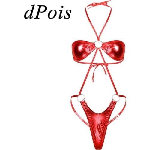 Womens One-piece Swimsuit Shiny Metallic Lingerie Halter Neck Backless Slingshot Mini Trikini Thong Teddy Bodysuit Nightwear