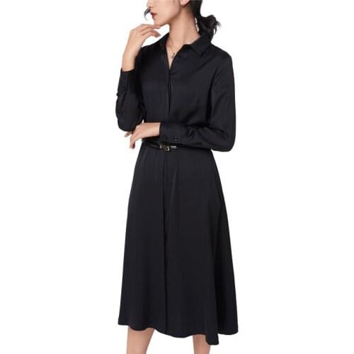 2020 Spring Autumn Real Natural Silk Dress Female A-line Black Elegant Long Sleeve Dresses for Women Office Lady Vestido YQ483