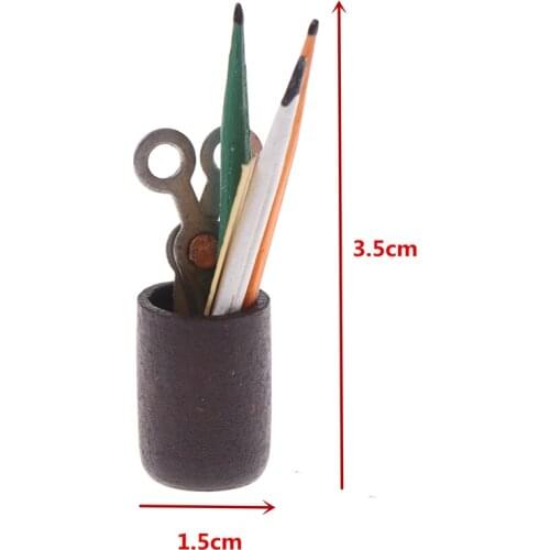 1 Set 1:12 Dollhouse Miniature Pen Cup Holder With Pencil Ruler Scissor