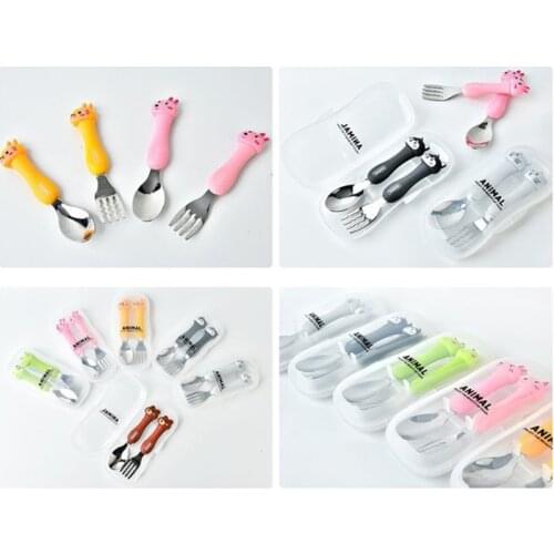 2 Pcs Cartoon Cute Spoon Fork Set Stainless Steel Baby Tableware Training Learning Feeding Scoop Fork Utensils