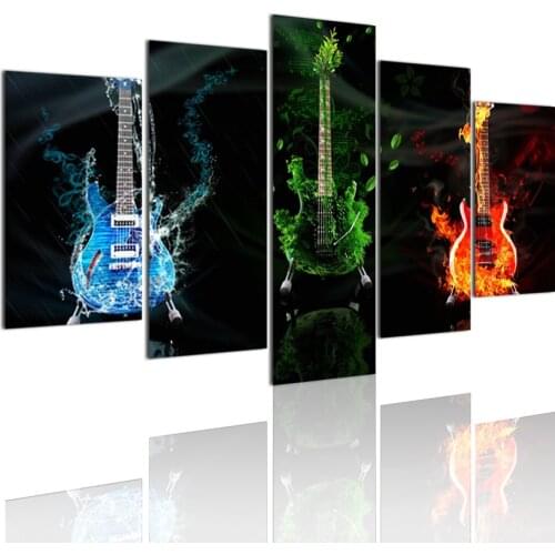 Flaming Guitar Instrumento 5 Panels DIY Wood Frame Canvas Painting Posters Wall Art Print Picture Living Room Home Decoration
