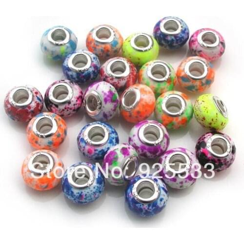 Free Shipping 100pcs Fashion Silver Plated Core Big Hole Acrylic colorful plated Beads for European Bracelet jewelry DIY