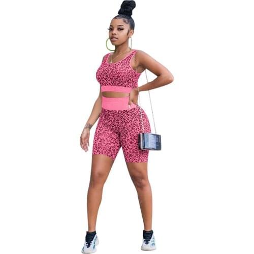 Casaul Women Biker Two Piece Set Print Leopard High Waist Sportsuit Tracksuit Summer Clothes For Women