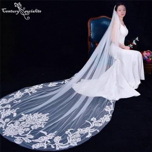 Ivory Cathedral Bridal Veils with Comb Lace Appliques 3 Meters One Layer Wedding Veil Bride Accessories Velos de Noiva