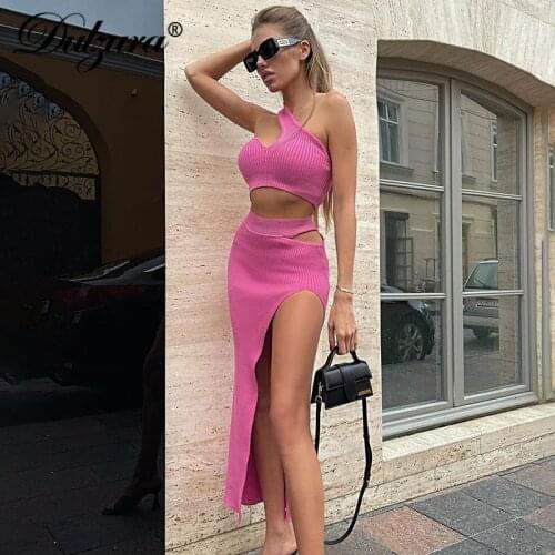 Dulzura 2021 Autumn Winter Women Solid 2 Piece One Shoulder Crop Top Tanks Slit Midi Skirt Set Bodycon Sexy Party Elegant Outfit