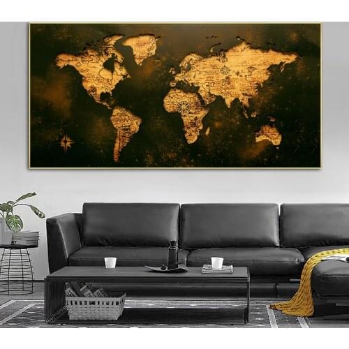 Black Gold World Map Pictures Vintage Canvas Painting Abstract Home Decoration Retro Wall Art For Living Room Classic Style