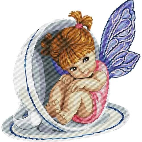 Angel in Teacup Stamped Cross Stitch Starter Kits Accurate Pre-printed 14CT