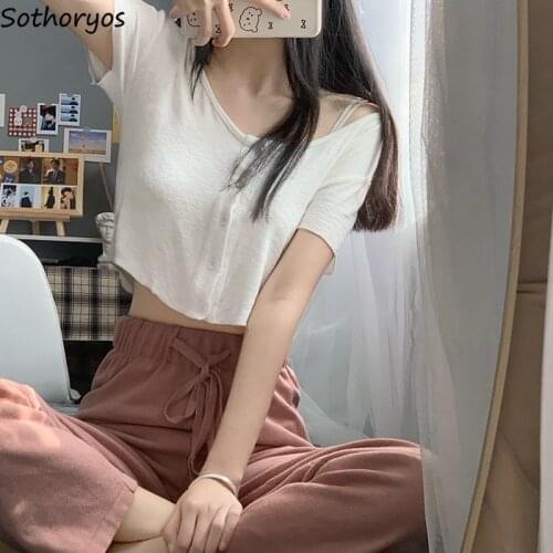 Women Pant Sets Sweet Students Short Sleeve White Button Crop Tops Drawstring Wide-leg Pants Comfortable Summer Womens Clothing