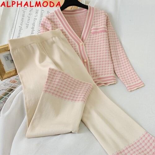 ALPHALMODA 2020 Autumn New Plaids Outfit Wide-Leg Pants 2pcs Elegant Suit Long-sleeved Single Breasted Jumper Knitting Suit