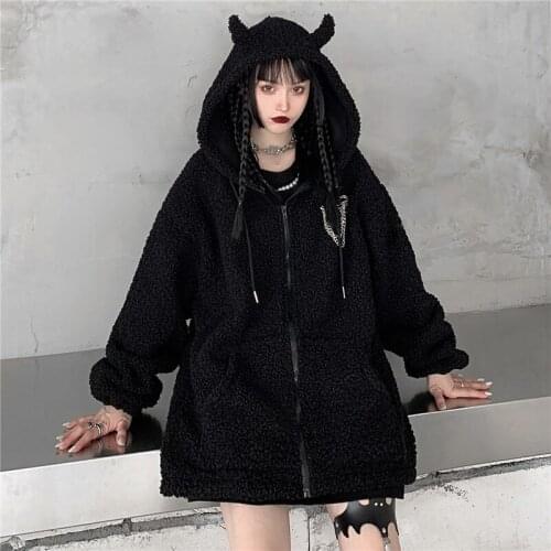 New Women Autumn Winter Coat Jacket Lambs Wool Loose Cotton Black Korean Harajuku Solid Casual Warm Hooded Outerwear Female