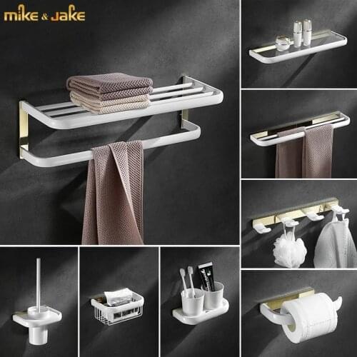 Brass bathroom shelf pure white gold wall towel shelf brass toilet towel bar Nordic white basket toilet brush hardware shelf