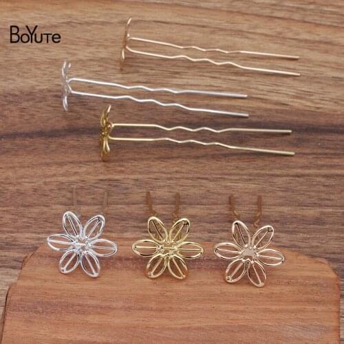 BoYuTe (20 Pieces/Lot) 20MM Metal Brass Flower Plate Welding 75*10*1.2MM Hair Fork Hairpin Bride Hair Jewelry Diy Accessories