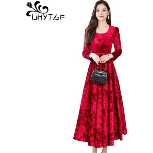 UHYTGF Fashion gold velvet autumn winter dress women long-sleeved pullover big swing long dress Korean 3XL plus size dresses1639