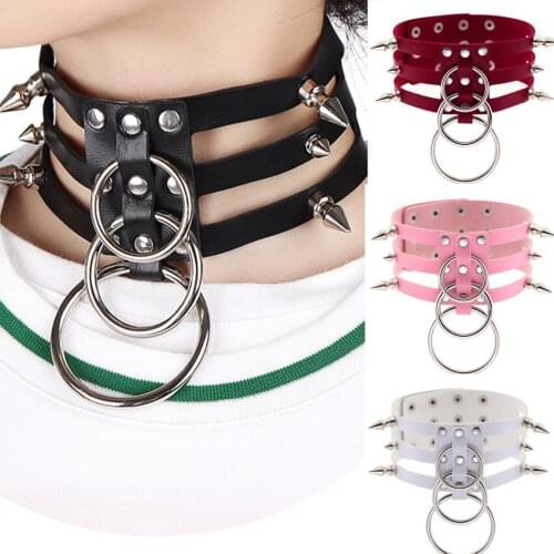 Pink Sexy Leather Choker Necklace for Women Harajuku Kawaii Silver O-ring Metal Rivet Fashion Punk Goth Rave Hollow Out Necklace