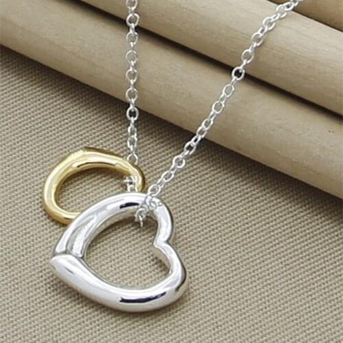 925 Sterling Silver Gold Double Heart Pendant Necklace For Women Wedding Engagement Fashion Charm Jewelry Gifts