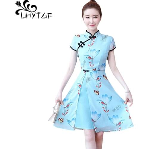 UHYTGF 4XL plus size dresses women fashion chiffon cheongsam print retro Summer dress Stand collar pullover thin party dress1302
