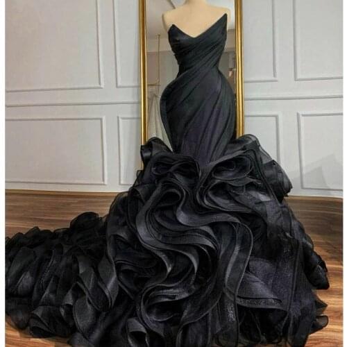 Luxury Black Wedding Dresses with Long Train Organza Tiered Skirts Ruffled Bridal Gowns Custom Made Plus Size Robe De Mariage