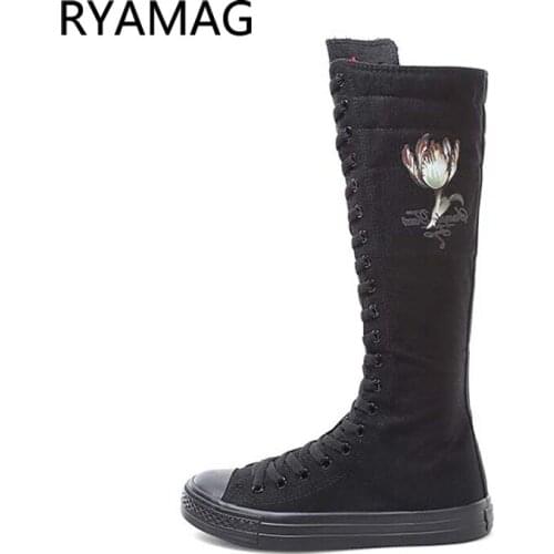 Ryamag 2021 New Womens Canvas Boots Long Dance Boots Shoes Flat flower printing design Zipper Comfortable Vulcanize Sneakers