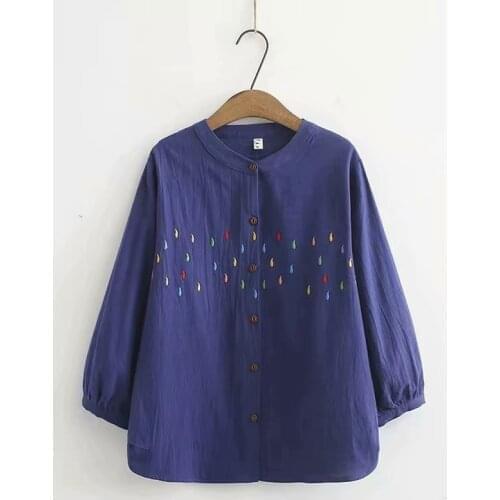 Plus Size with Back Button Womens Vintage Embroidery Blouse Long Sleeved Tops Folklore Female Shirts