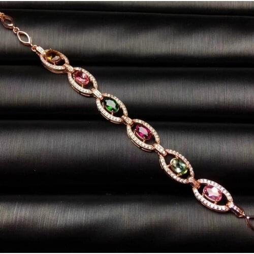 Natural Multicolor tourmaline Bracelet Natural gemstone Bracelet 925 silver bracelet Elegant round Ellipse women party Jewelery