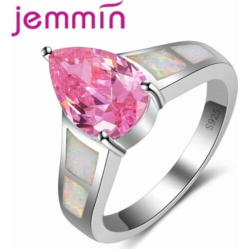 Beautiful Romantic White Fire Opal Ring For Women Wedding Anniversary with Pink Color Crystal Ring Jewelry