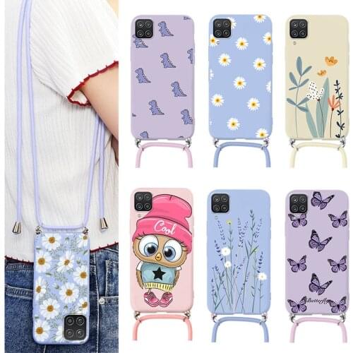 For Samsung Galaxy A12 Case F12 M12 Flower TPU Cover For Samsung A 12 M 12 F 12 Crossbody Necklace strap Lanyard Cord Funda Case