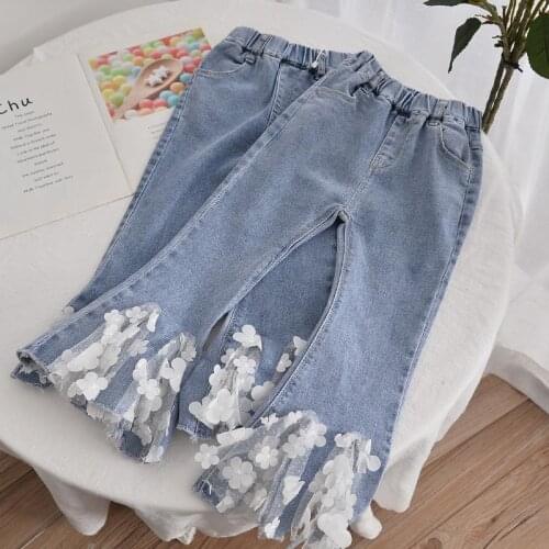Girls' spring flared jeans, childrens pants, big childrens spring and autumn summer trousers, outer wear