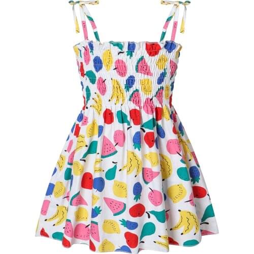 #EW Toddler Baby Kids Girls Dress Sleeveless Strap Summer Fruit Printing Beach Ruched Dresses Casual Cute Dress платье летнее