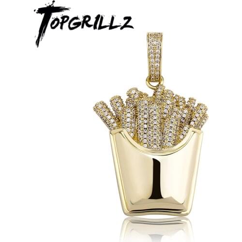 TOPGRILLZ New Iced Out French Fries Shape Pendants Full Micro Pave In Yellow Gold AAA CZ Pendant Necklace Hip Hop Jewelry Gift