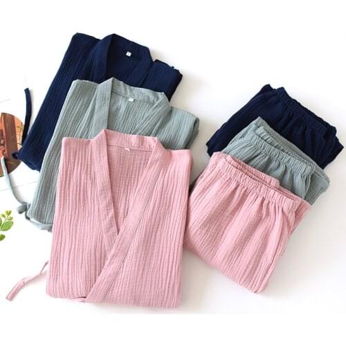 Japanese Style Kimono Pajamas Set Couple Cotton Gauze Sleepwear Steaming Clothes Loose Casual Women Trouser Suits Home Clothes